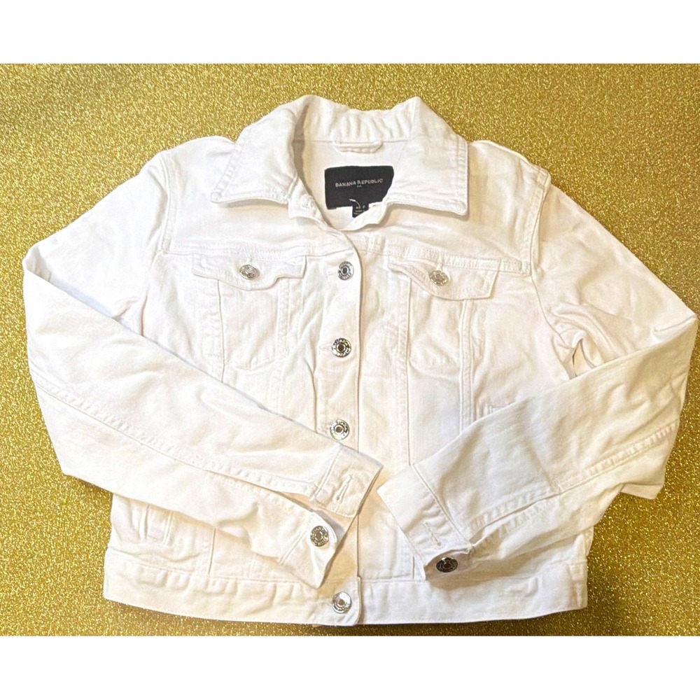 Banana Republic Women's White Denim Jacket Petite PXS Button Front Collared